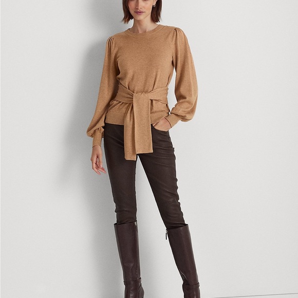 Lauren Ralph Lauren Black Label Belted Cotton-Blend Sweater Size M Camel Heather - Picture 2 of 12